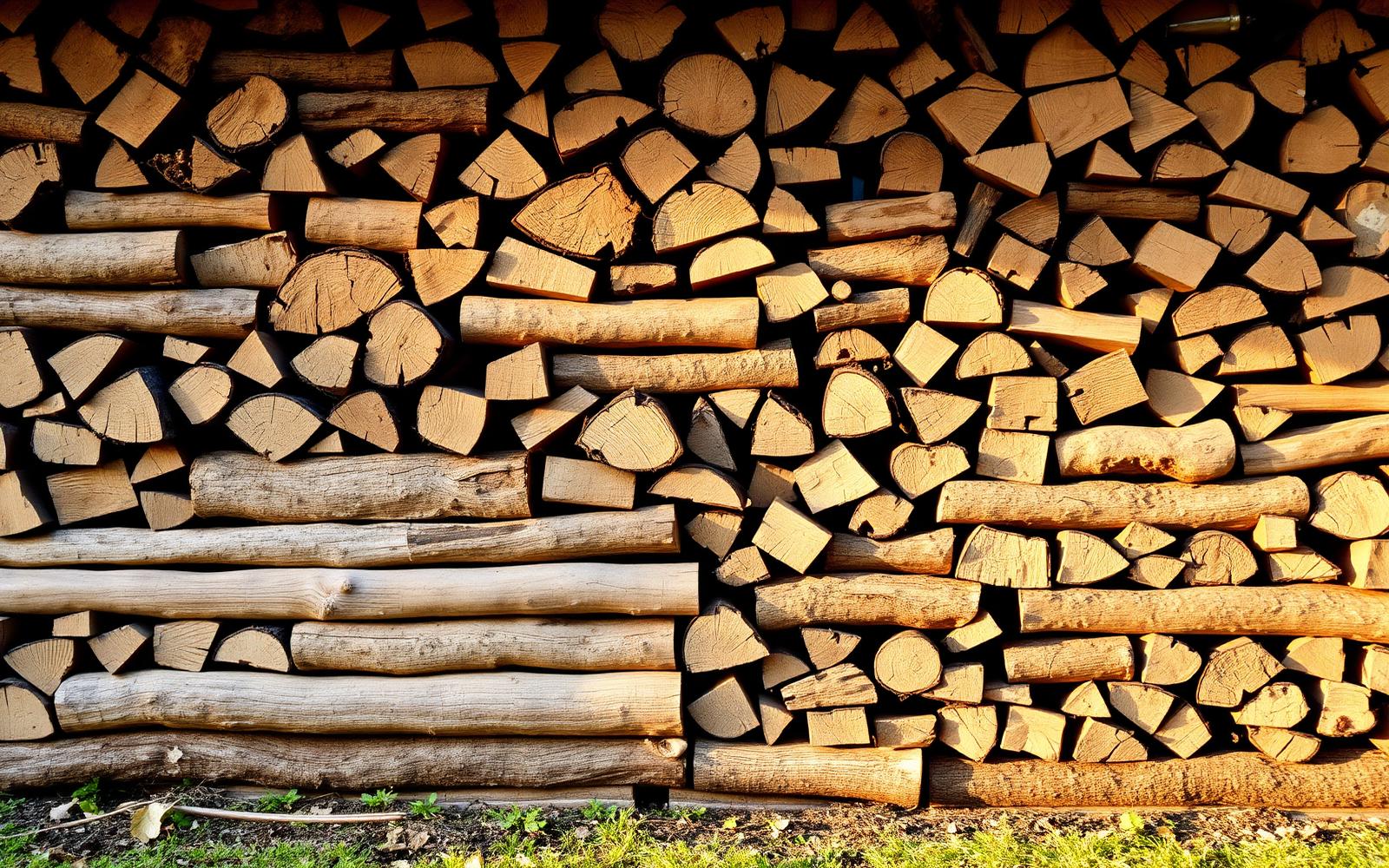 Neatly stacked split firewood logs in warm evening light